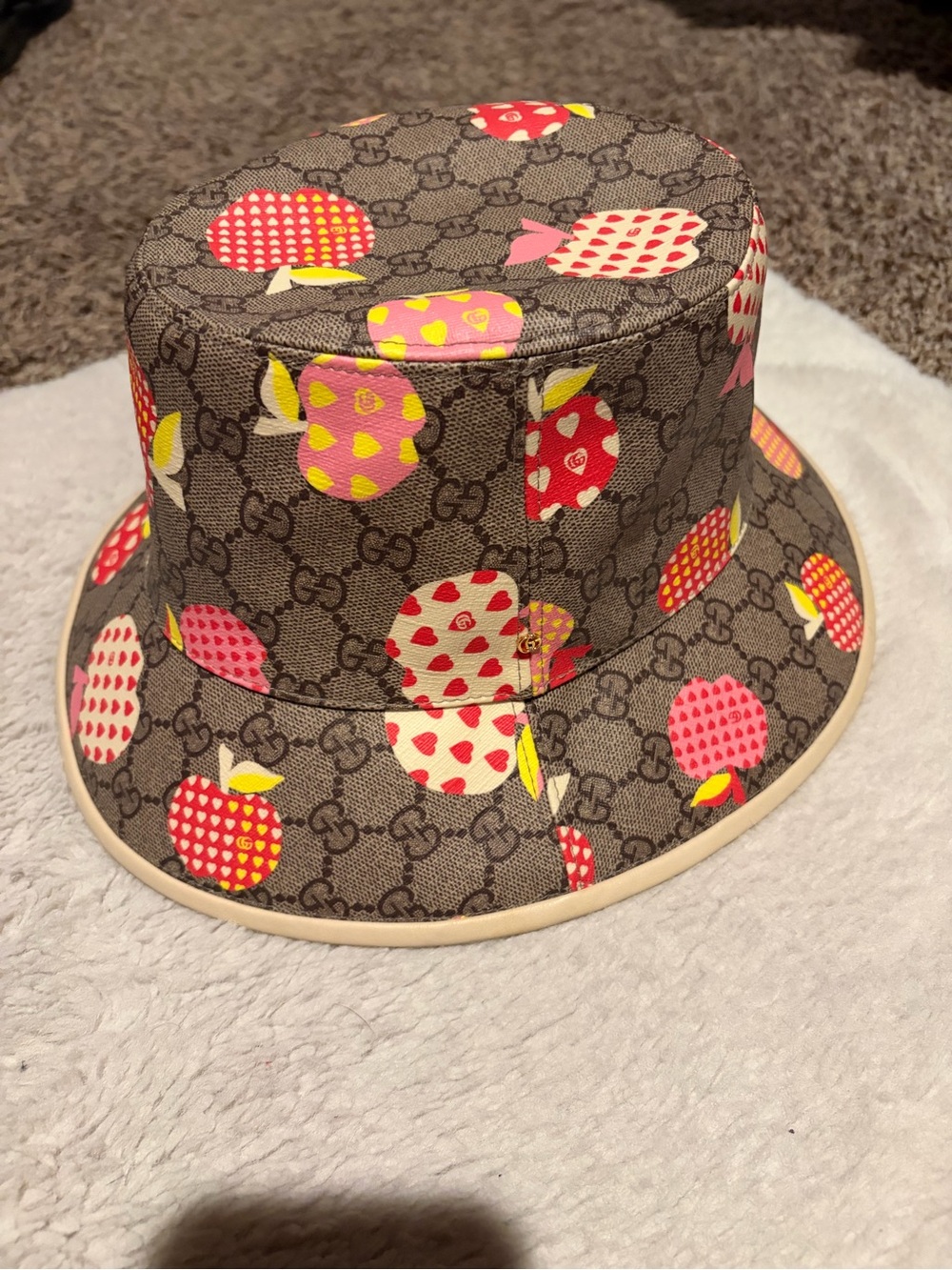 Gucci Brown Logo Bucket Hat with Pink & Red Apple Print